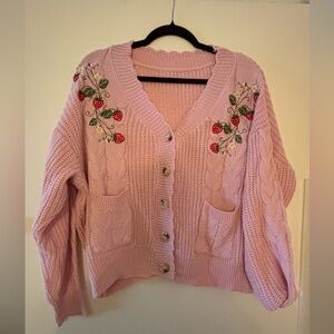 Pink Strawberry Embroidered Cardigan Button Front Cable Knit Sweater Size L